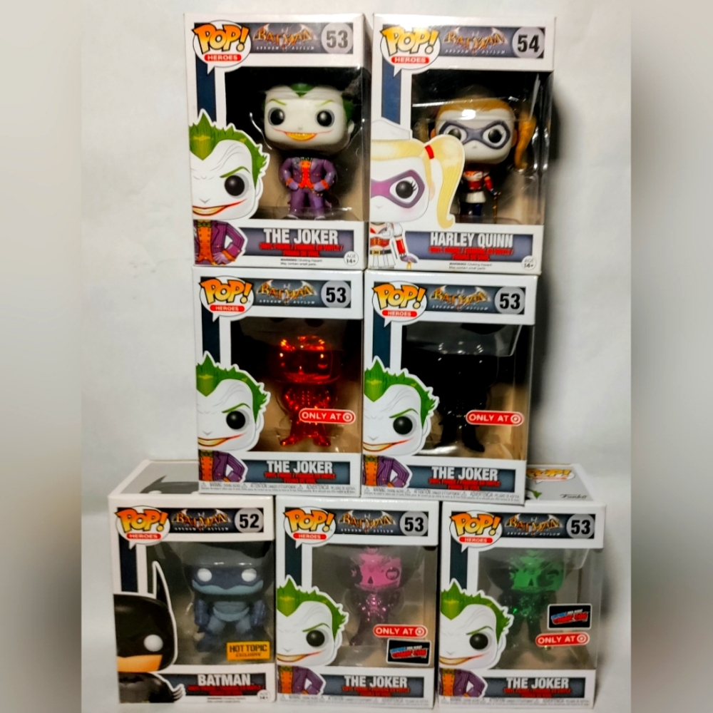 Funko Pop Arkam Asylum Chrome Joker Purple, Orange, Black, Green, Batman &Quinn